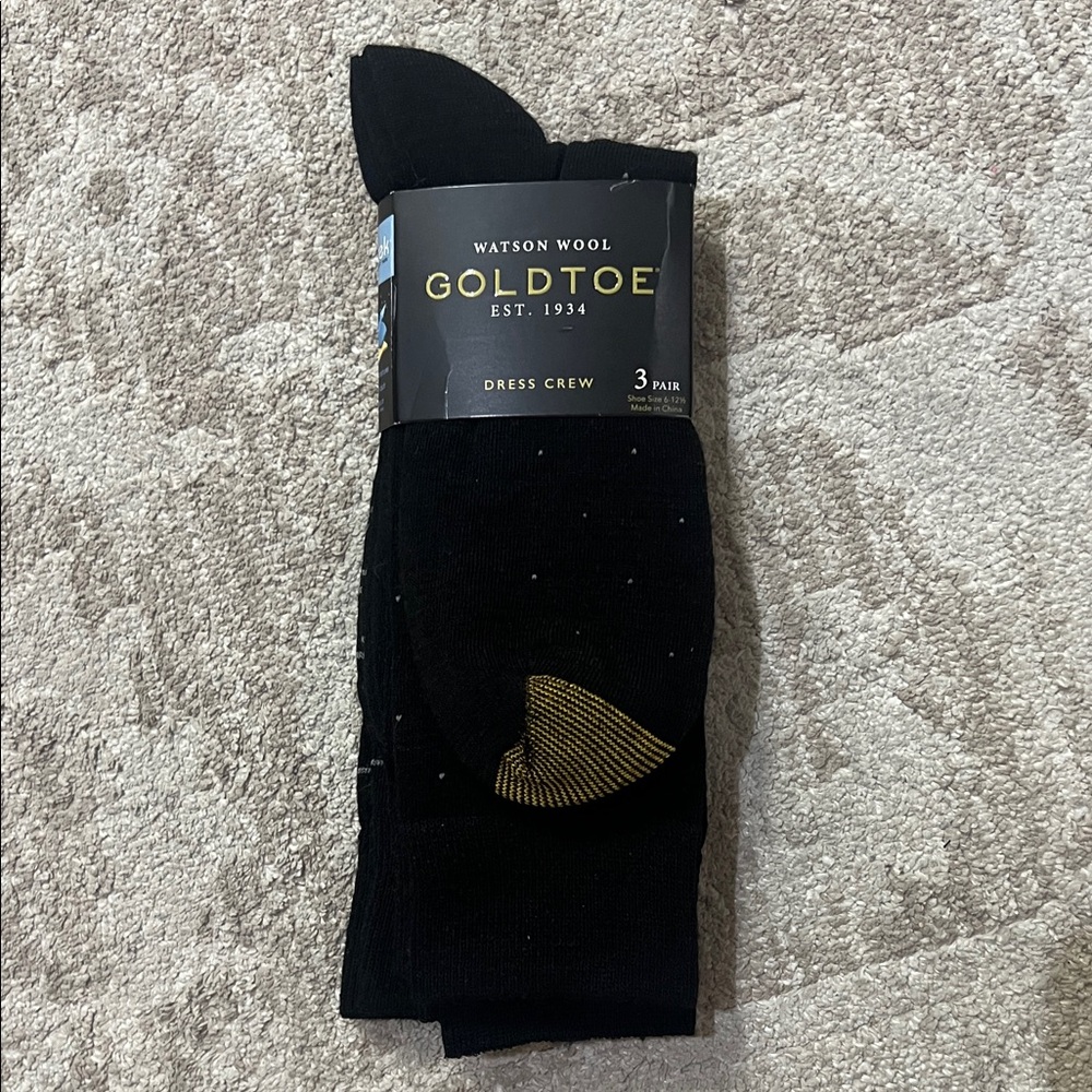 New Never Opened Gold Toe Black Dress Crew Socks with Gold Accent 3 Pairs